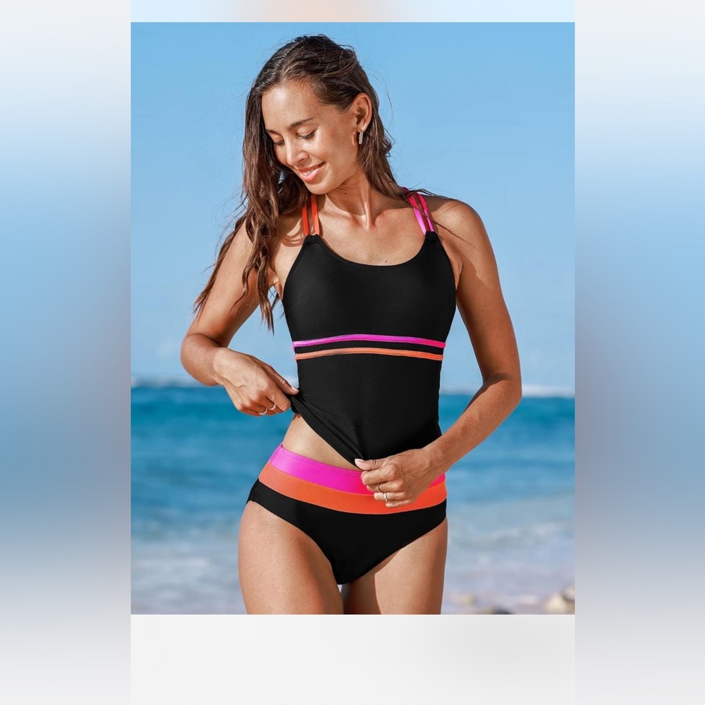 Cupshe Black Bikini with Pink and Orange Straps